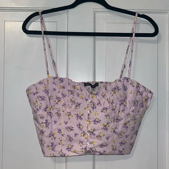 ZARA Multicolored Floral Spaghetti Strapped Crop Top Stretchy Blouse Size L NEW - Picture 6 of 7